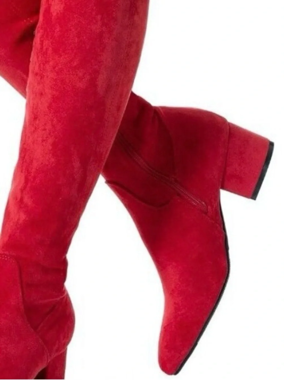 Red Over-the-Knee Faux Suede Boots w Comfortable Chunky Heel
